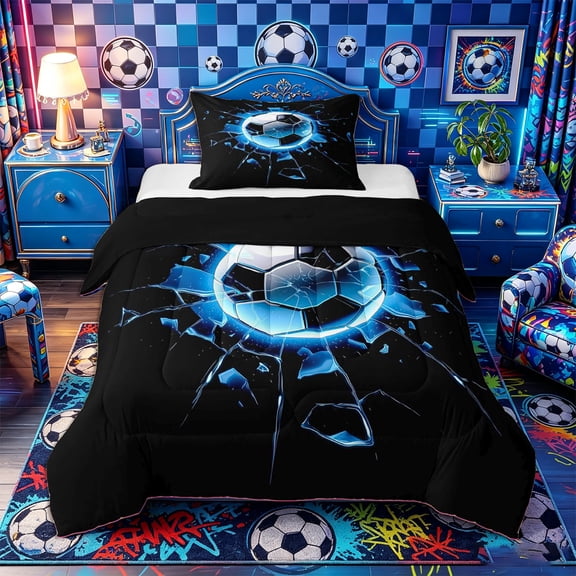 Castle Fairy Soccer Print Twin Comforter Sets 2pcs, Abstract Grid Bedding Set, Black Blue White,Black Reversible,1 Comforter and 1 Pillowcase