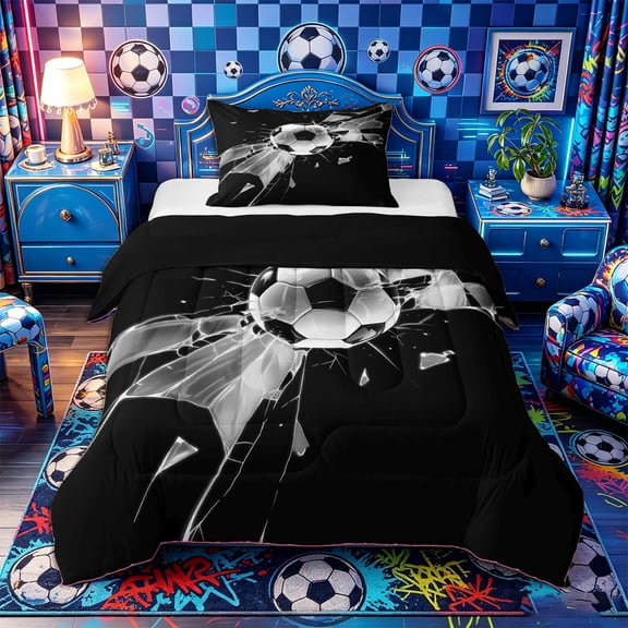 Castle Fairy Soccer Print Twin Comforter Sets 2pcs, Abstract Grid Bedding Set, Black Gray,Black Reversible,1 Comforter and 1 Pillowcase