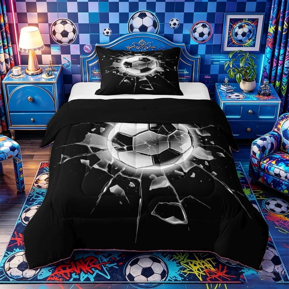 Castle Fairy Soccer Print Twin Comforter Sets 2pcs, Abstract Grid Bedding Set, Black Gray,Black Reversible,1 Comforter and 1 Pillowcase