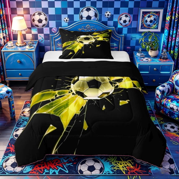 Castle Fairy Soccer Print Twin Comforter Sets 2pcs, Abstract Grid Bedding Set, Black Yellow,Black Reversible,1 Comforter and 1 Pillowcase