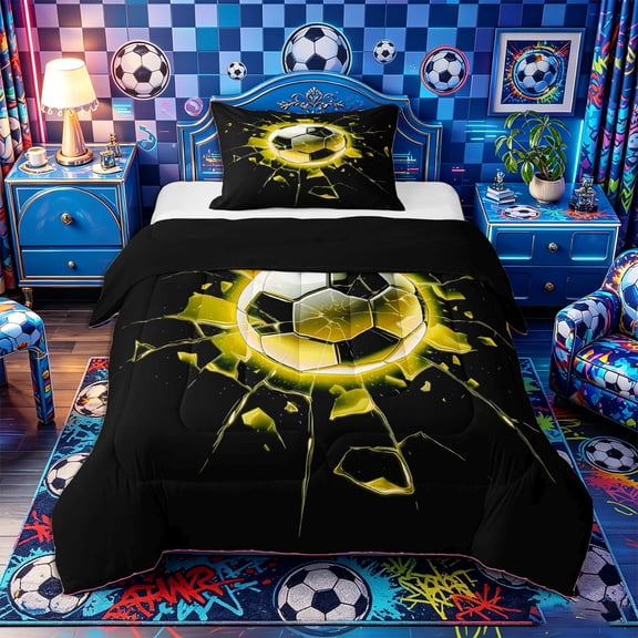 Castle Fairy Soccer Print Twin Comforter Sets 2pcs, Abstract Grid Bedding Set, Black Yellow,Black Reversible,1 Comforter and 1 Pillowcase