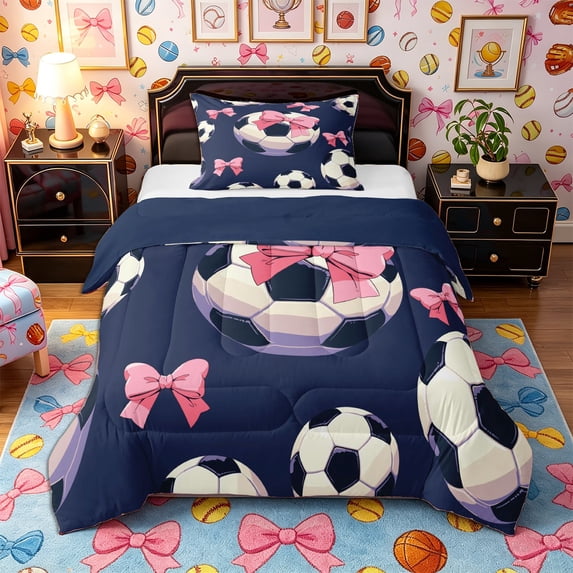 Castle Fairy Soccer Print Twin Comforter Sets 2pcs, Pink Ribbon Bow Bedding Set, Black Navy Blue,Navy Blue Reversible,1 Comforter and 1 Pillowcase