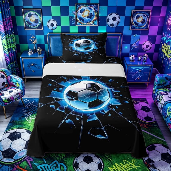 Castle Fairy Soccer Print Twin Sheets 3pcs, Abstract Grid Bedding, Black Blue White,1 Fitted Sheet, 1 Flat Sheet and 1 Pillowcase