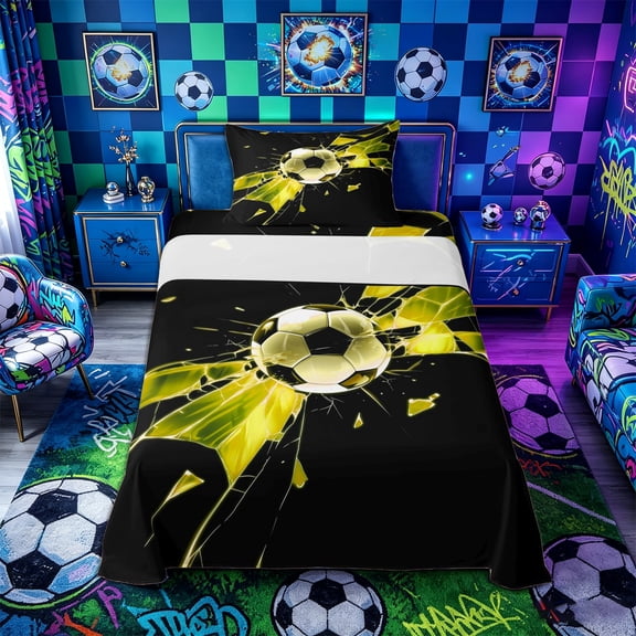 Castle Fairy Soccer Print Twin Sheets 3pcs, Abstract Grid Bedding, Black Yellow,1 Fitted Sheet, 1 Flat Sheet and 1 Pillowcase