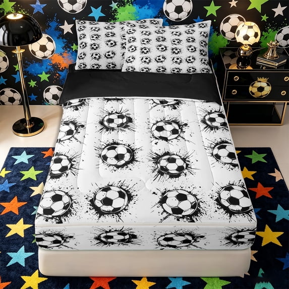 Castle Fairy Soccer Print Zipper Full Size Comforter Sets with Fitted Sheet and 2 Pillowcases, Graffiti Splash Zipper Bedding Set, Black White,4pcs,Black Reversible