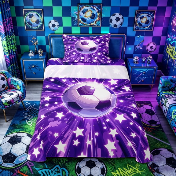 Castle Fairy Soccer Sport Twin Sheets 3pcs, Kawaii Stars Print Bedding, Purple White,1 Fitted Sheet, 1 Flat Sheet and 1 Pillowcase