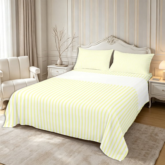 Castle Fairy Soft Abstract Vertical Strip Queen Sheets 4 Pieces,Watercolor Linear Band Queen Sheet Sets,White Pale Yellow,1 Flat Sheet, 1 Fitted Sheet and 2 Pillowcases