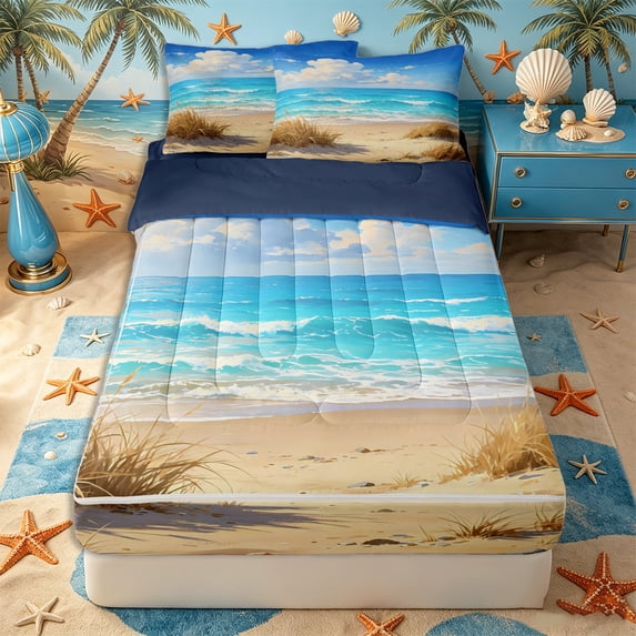 Castle Fairy Soft Anime Coastal Landscape Zipper Queen Comforter Set with Fitted Sheet and 2 Pillowcases,Dune Grass Turquoise Ocean Art Zipper Bedding Set,Sky Blue,Navy Blue Reversible,4 Pieces