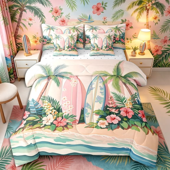 Castle Fairy Soft Cartoon Surfboard Floral Print Queen Bedding 7pcs,Palm Hibiscus Pastel Shore Layout Bedding Comforter Set Queen,Peach Mint,Reversible