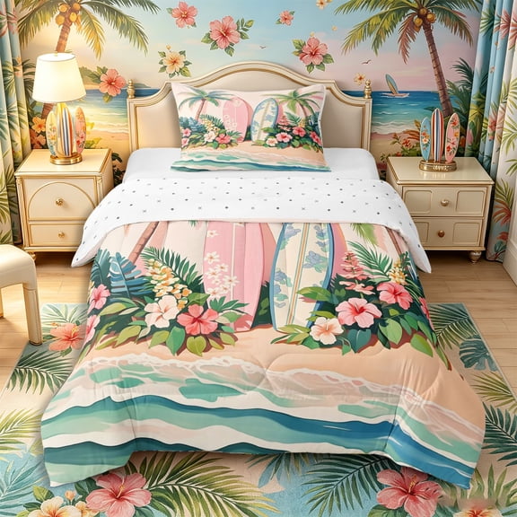 Castle Fairy Soft Cartoon Surfboard Floral Print Twin Comforter Sets 2pcs,Palm Hibiscus Pastel Shore Layout Bedding Set,Peach Mint,Reversible,1 Comforter and 1 Pillowcase