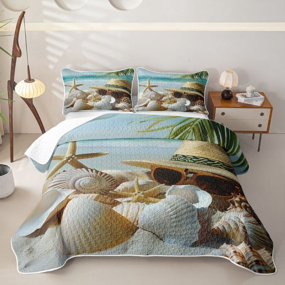 Castle Fairy Soft Realistic Coastal Shell Layout Quilt King,Woven Hat Starfish Palm Print King Coverlet Set,Beige Sky