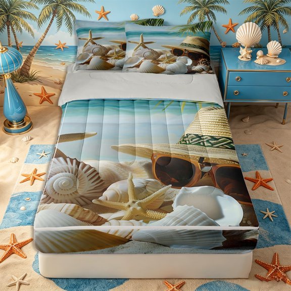 Castle Fairy Soft Realistic Coastal Shell Layout Zipper Twin Comforter Sets with Fitted Sheet and 2 Pillowcases,Woven Hat Starfish Palm Print Zipper Bedding Set,Beige Sky,Grey Reversible,4-Piece