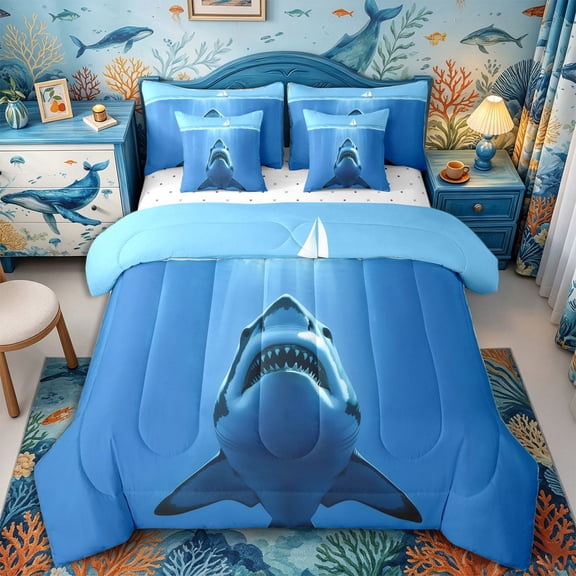 Castle Fairy Soft Realistic Deep Sea Shark Scene 7-Piece Twin Bedding,Sailboat Sun Ray Blue Ocean Graphic Bedding Comforter Set,Bright Azure,Reversible
