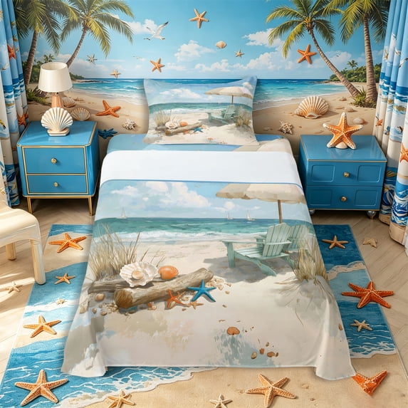 Castle Fairy Soft Watercolor Beach Chair Twin Sheets 3pcs,Umbrella Seashell Palm Summer Print Bedding,Cream Sky,1 Fitted Sheet,1 Flat Sheet and 1 Pillowcase