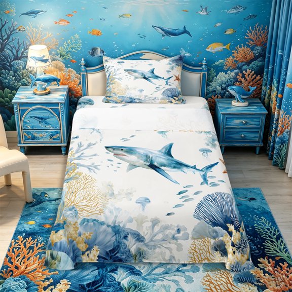 Castle Fairy Soft Watercolor Reef Shark Art Twin Sheets 3pcs,Jellyfish Coral Starfish Undersea Layout Bedding,Blue Gold,1 Fitted Sheet,1 Flat Sheet and 1 Pillowcase