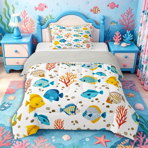 Castle Fairy Soft Watercolor Tropical Fish Coral Twin Comforter Sets 2pcs,Pebble Pastel Aquatic Seamless Tile Bedding Set,Cyan Orange,Grey Reversible,1 Comforter and 1 Pillowcase