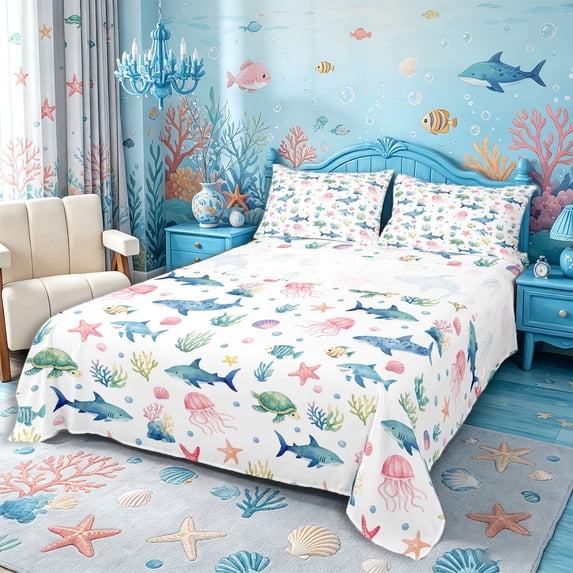 Castle Fairy Soft Watercolor Undersea Tile King Sheets 4pcs,Shark Turtle Jellyfish White Seamless Print Bedding,Blue White,1 Fitted Sheet,1 Flat Sheet and 2 Pillowcases