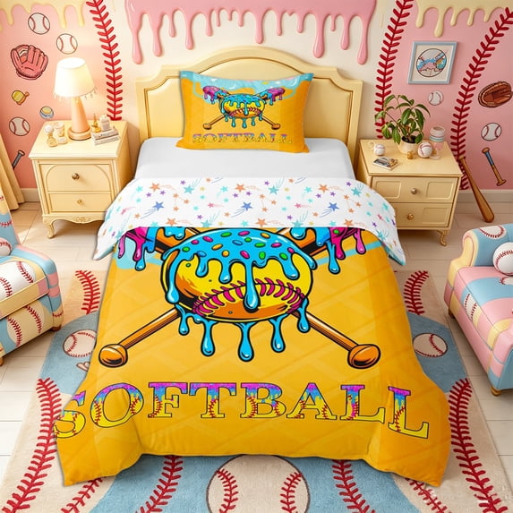 Castle Fairy Softball Print Twin Duvet Cover, Ice Cream Candy Drip Pattern Twin Bedding, Yellow Blue Pink,2pcs,1 Duvet Cover and 1 Pillowcase