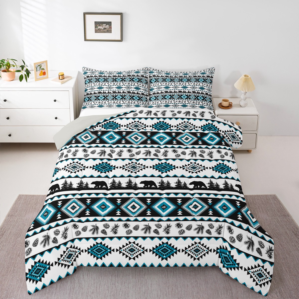 EIKEI Set Copripiumino Queen Size 3 Pezzi – Stile Bohémien Southwestern Azteco, Cotone 100% Morbido, 228x233 Cm