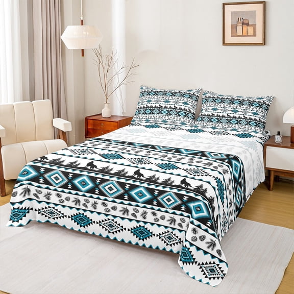 Castle Fairy Southwestern Aztec 3pcs Twin Sheet Sets,Bohemian Theme Twin Fitted Sheet,Animal Wolf Breathable Flat Sheet,Luxury Hippie Bedroom Decor