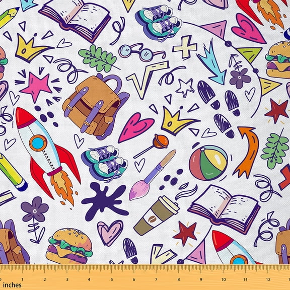 Castle Fairy Space Rocket Fabric by the Yard 1 Yard for Kids,School Doodles Home Decor Fabric by the Yard,Cartoon Graffiti Room Decor Fabric by the Yard,Breathable Home Decor