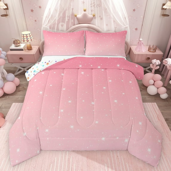 Castle Fairy Sparkling Stars Print Bedding Comforter Set 2pcs for Female Girls,Dreamy Princess Twin Comforter Sets Microfiber,Bling Gradient Glitter Breathable Bedding Set,Super Cozy Room Decor