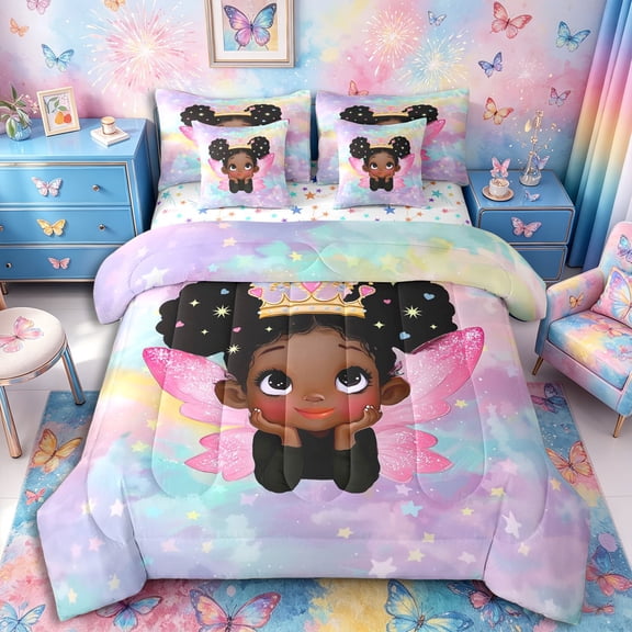 Castle Fairy Sparkly Black Elf Twin Bedding 7-Piece,Crown Wing Art Bedding Comforter Set,Pastel