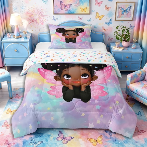 Castle Fairy Sparkly Black Elf Twin Comforter Sets 2pcs,Crown Wing Art Bedding Set,Pastel,1 Comforter and 1 Pillowcase