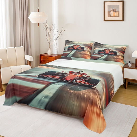 Castle Fairy Speed F1 Race Car Queen Sheet Sets 4 Pieces for Boys, Racetrack Formula 1 Bed Set for Bedroom, Red Grey