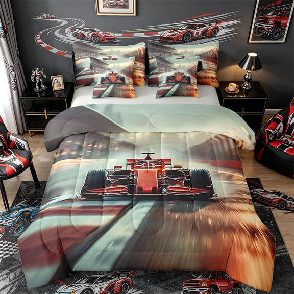 Castle Fairy Speed F1 Race Car Twin Bedding Sets 7-Piece for Boys, Racetrack Formula 1 Bedding Comforter Set for Bedroom, Red Grey,Grey Reversible