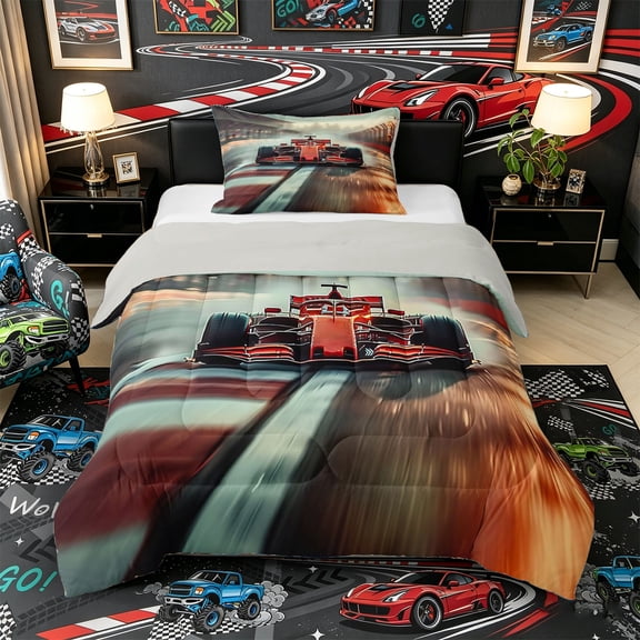 Castle Fairy Speed F1 Race Car Twin Comforter Sets 3-Piece for Boys, Racetrack Formula 1 Bedding Set for Bedroom, Red Grey,Grey Reversible