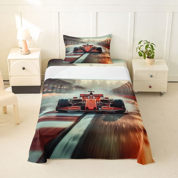 Castle Fairy Speed F1 Race Car Twin Sheet Sets 3pcs for Boys, Racetrack Formula 1 Bedding for Bedroom, Red Grey
