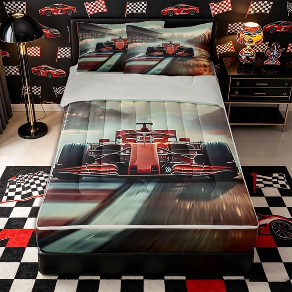 Castle Fairy Speed F1 Race Car Zipper Twin Comforter Sets with Fitted Sheet and 2 Pillowcases for Boys,Racetrack Formula 1 Zipper Bedding Set for Bedroom,Red Grey,4-Piece,Grey Reversible