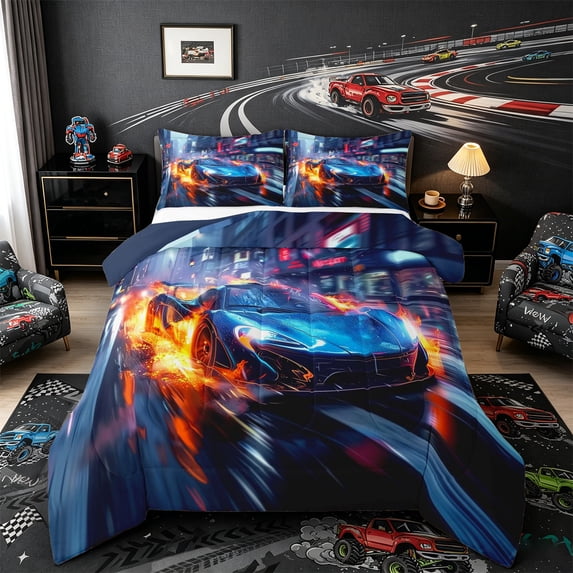 Castle Fairy Speeding Sports Car Queen Comforter Set 3pcs for Boys, Fire Trail Bedding Comforter Set for Teen Room, Black and Red,Navy Blue Reversible