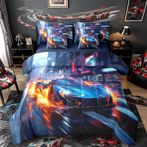 Castle Fairy Speeding Sports Car Twin Bedding Sets 7-Piece for Boys, Fire Trail Bedding Comforter Set for Teen Room, Black and Red,Navy Blue Reversible
