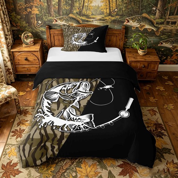Castle Fairy Split Camo Bass Print Twin Duvet Cover,White Fish Rod Two-Tone Layout Twin Bedding,Moss Black,Black Reversible,2pcs,No Comforter,1 Duvet Cover and 1 Pillowcase