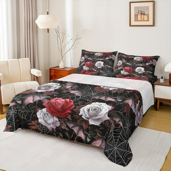 Castle Fairy Spooky Animal Bats 4-Piece Full Size Sheets for Teenagers,Happy Halloween Bed Sheets,Floral Rose Lightweight Sheet Sets,Lightweight Room Decor
