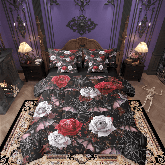 Castle Fairy Spooky Animal Bats 7pcs Bedding Comforter Set for Teenagers,Happy Halloween Queen Bedding Sets Super Cozy,Floral Rose Queen Sheet Sets,Lightweight Room Decor
