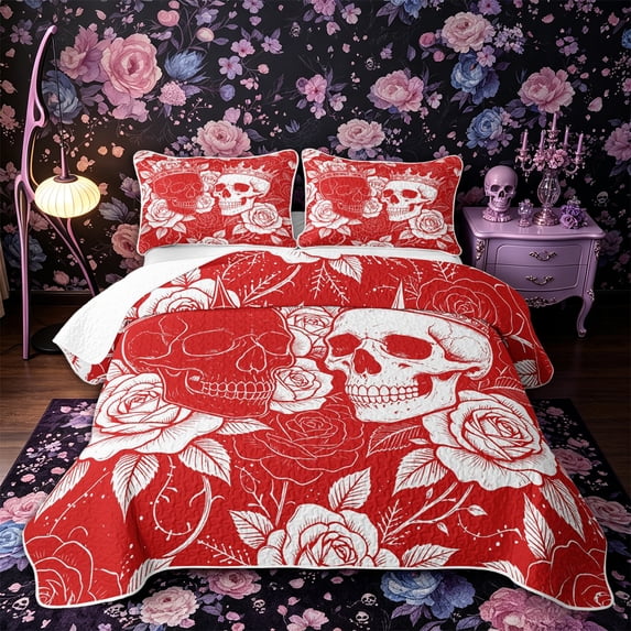 Castle Fairy Spooky Crowned Skull Twin Quilt Set,Boho Rose Bloom Twin Coverlet Set,Scarlet White