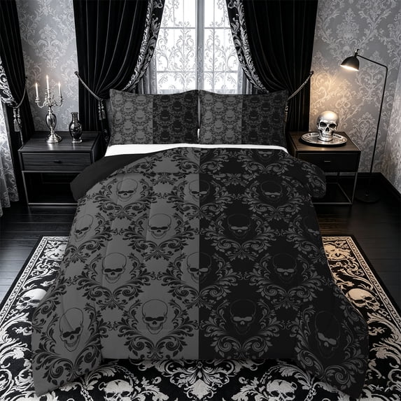Castle Fairy Spooky Damask Queen Comforter Set 3 Pieces,Boho Skull Vine Comforter Sets Queen,Gray Blacks,1 Comforter and 2 Pillowcases,Black Reversible