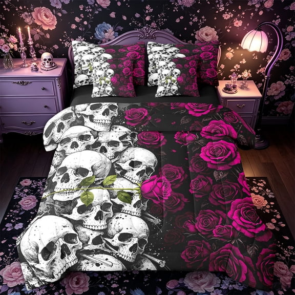 Castle Fairy Spooky Dark Rose 7-Piece Twin Bedding,Boho Stacked Skull Bedding Comforter Set,Magenta Black,Black Reversible