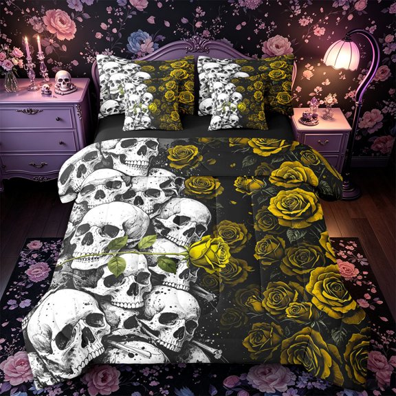 Castle Fairy Spooky Dark Rose 7-Piece Twin Bedding,Boho Stacked Skull Bedding Comforter Set,Yellow Black,Black Reversible