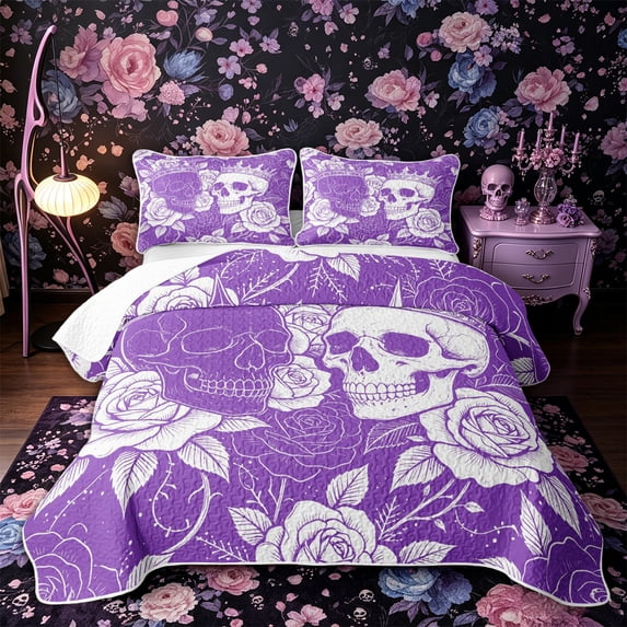 Castle Fairy Spooky Rose Bloom Quilt King,Boho Crowned Skull King Coverlet Set,Violet White