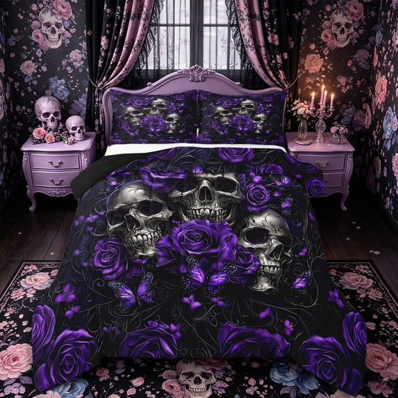 Castle Fairy Spooky Skull Full Size Comforter Sets 3-Piece,Boho Rose Butterfly Bedding Comforter Set,Violet Blacks,1 Comforter and 2 Pillowcases,Black Reversible