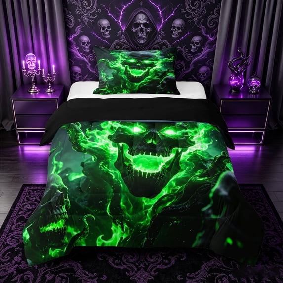 Castle Fairy Spooky Skull Octopus Twin Comforter Sets 2pcs,Gothic Flame Tentacle Scene Bedding Set,Lime Black,1 Comforter and 1 Pillowcase,Black Reversible