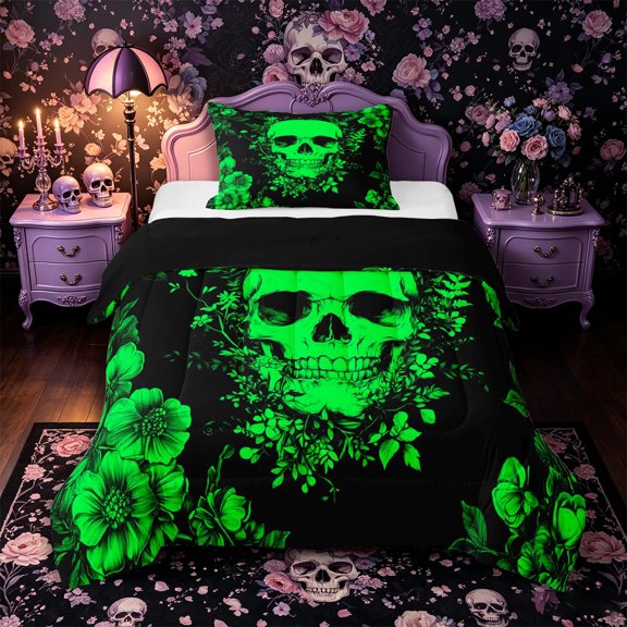 Castle Fairy Spooky Skull Twin Comforter Sets 2pcs,Boho Wildflower Bedding Set,Neon Green Black,1 Comforter and 1 Pillowcase,Black Reversible