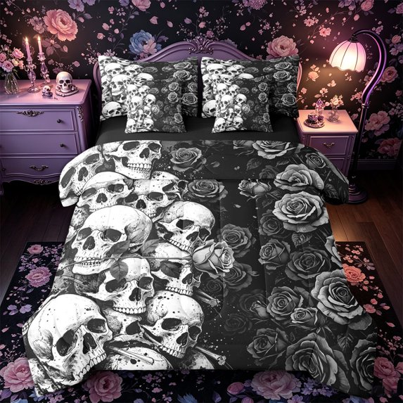 Castle Fairy Spooky Stacked Skull King Bedding 7pcs,Boho Dark Rose King Bed in a Bag,Gray Black,Black Reversible