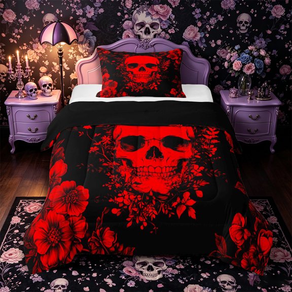 Castle Fairy Spooky Wildflower Twin Comforter Sets 2pcs,Boho Skull Bedding Set,Scarlet Black,1 Comforter and 1 Pillowcase,Black Reversible