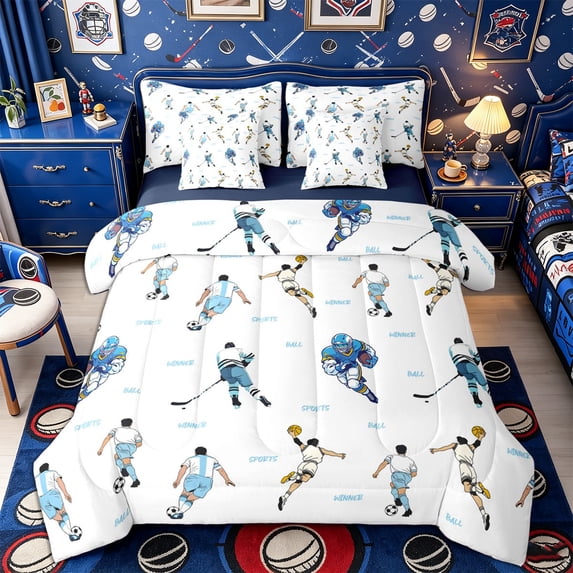 Castle Fairy Sport Ball Gamer King Bedding 7pcs, Blue White King Bed in a Bag,Navy Blue Reversible