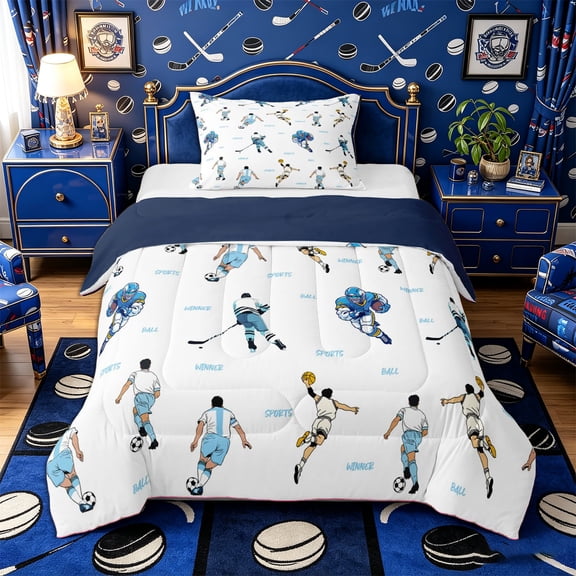 Castle Fairy Sport Ball Gamer Twin Comforter Sets 2pcs, Blue White Bedding Set,Navy Blue Reversible,1 Comforter and 1 Pillowcase